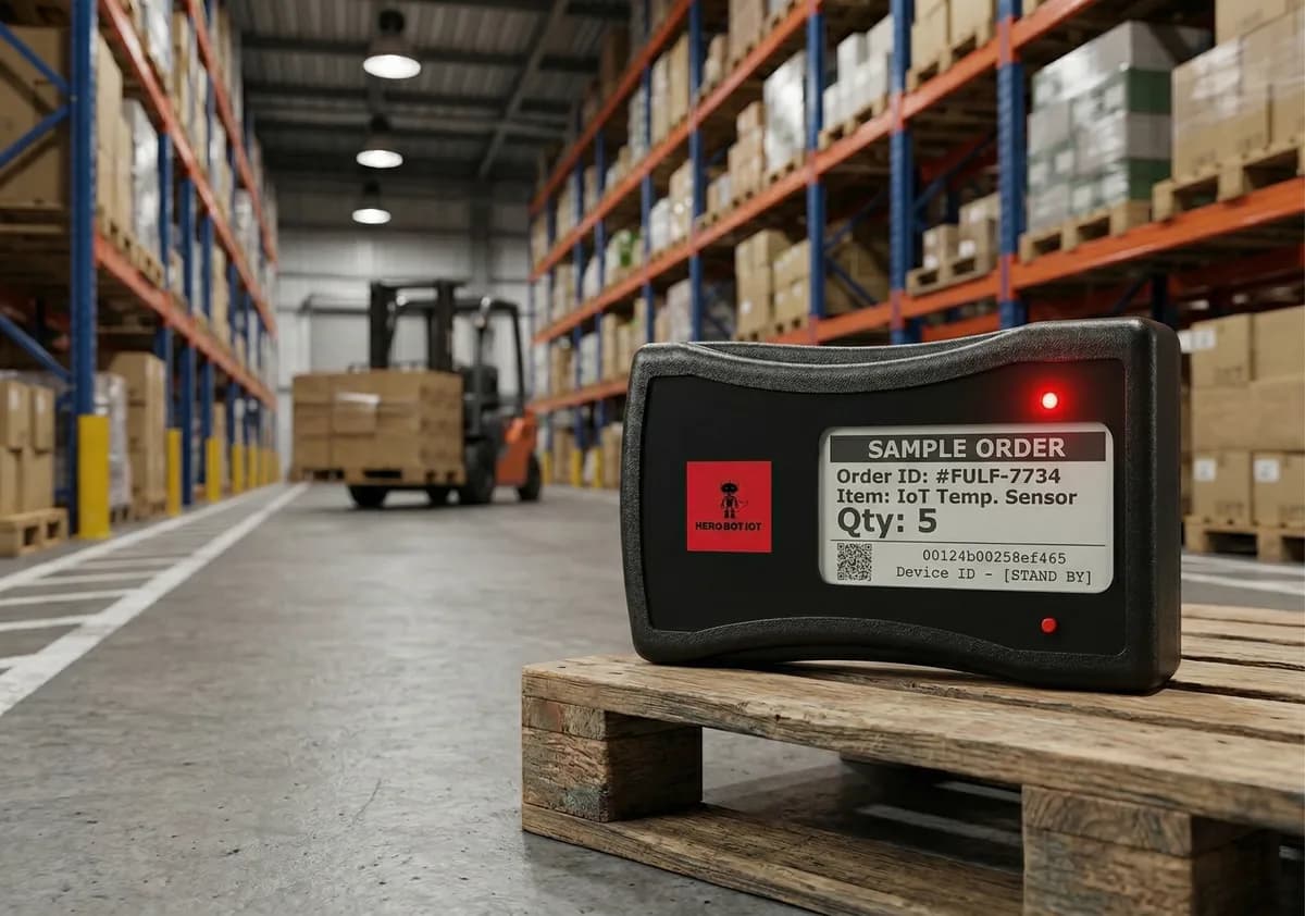 Hero Bot IoT device on warehouse pallet with forklift in the background